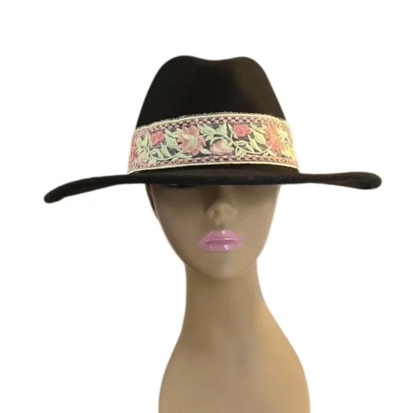 Upcycled Hand Crafted Boho on Black Express Fedora Hat Size  display picture 1